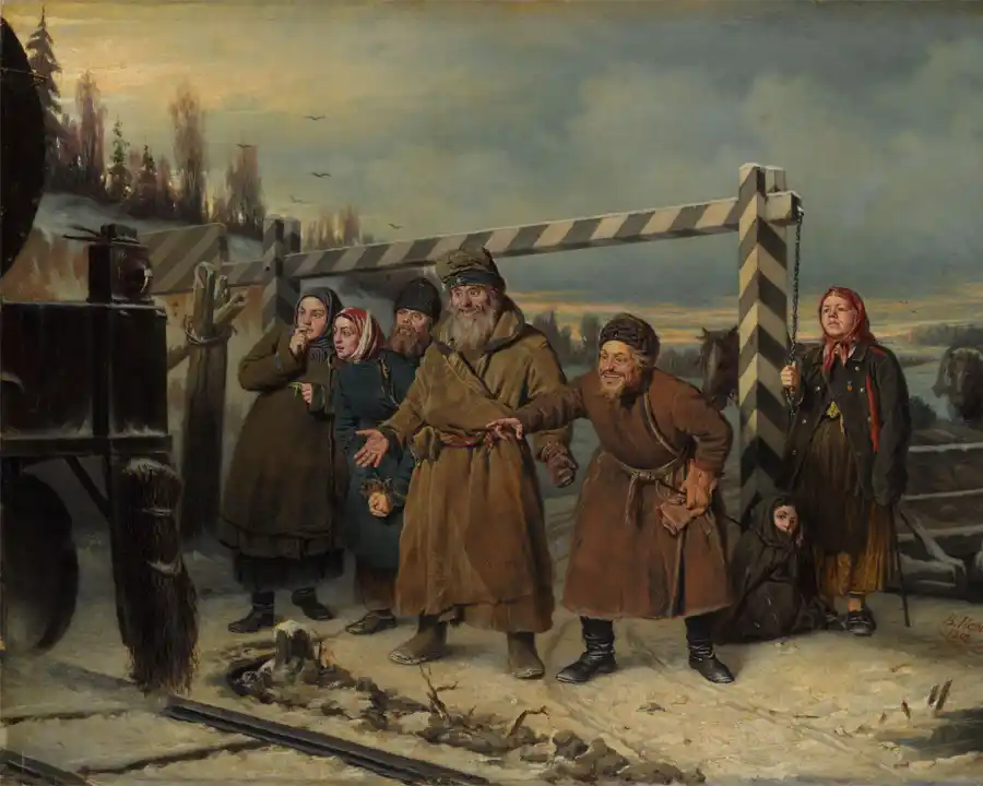 Schilderij van een winterlandschap met mensen in contemplatie.