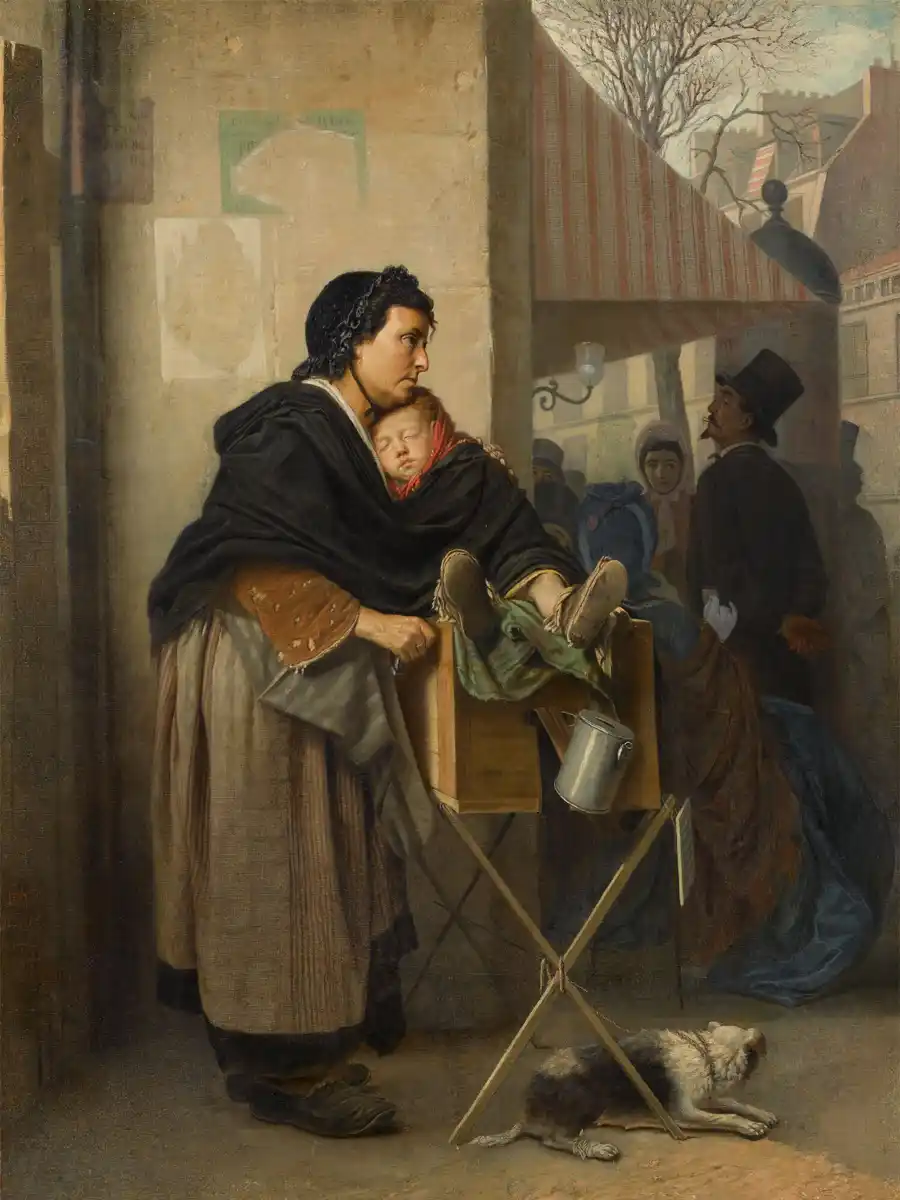 Organ Grinder in Paris, een schilderij van Vasily Perov dat de strijd en veerkracht van mensen in Parijs toont.