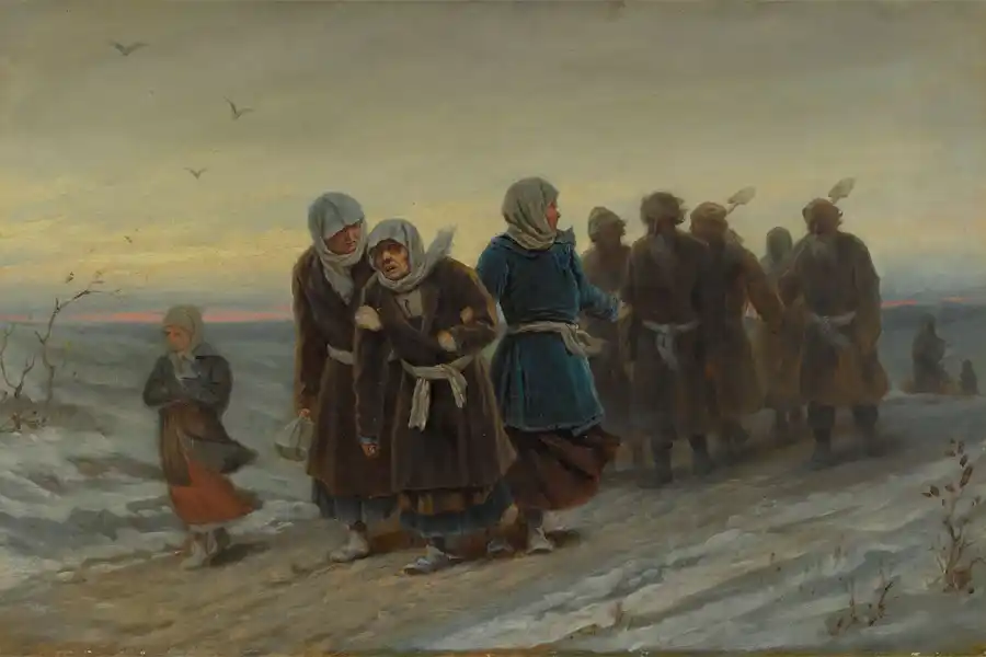 Aangrijpende schilderij van boeren die terugkeren van een begrafenis in de winter.