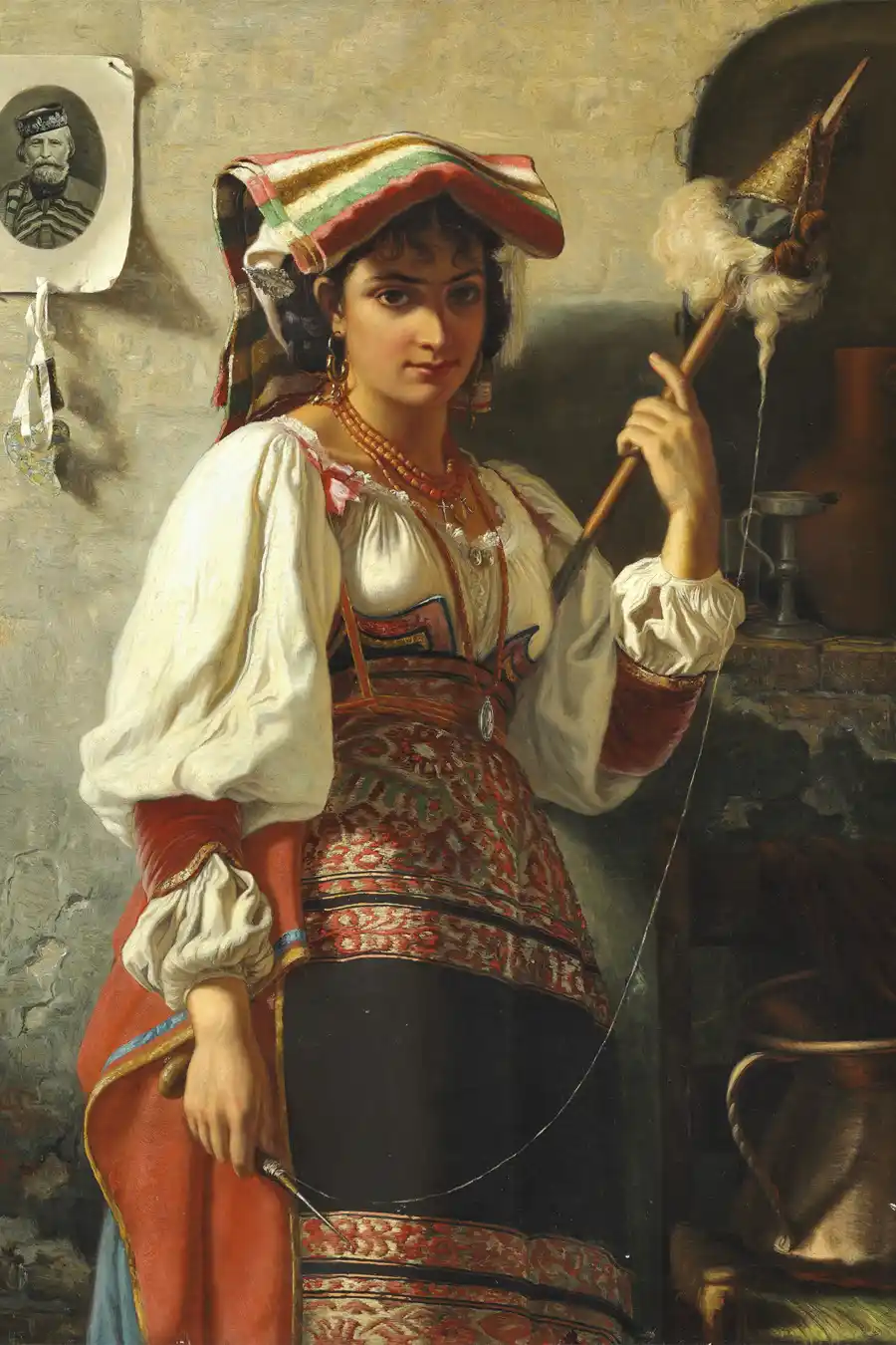 Portret van een jonge Italiaanse vrouw in traditionele klederdracht.