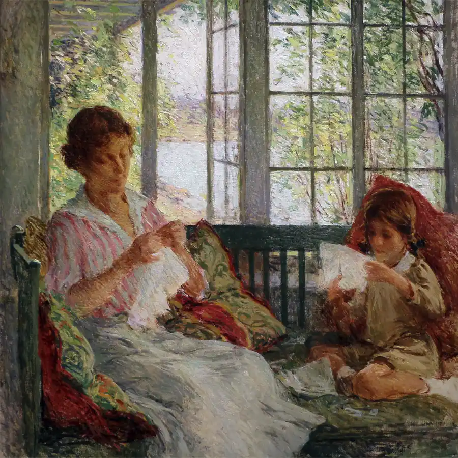 Impressionistisch schilderij van een moeder en dochter in een zonnige kamer.