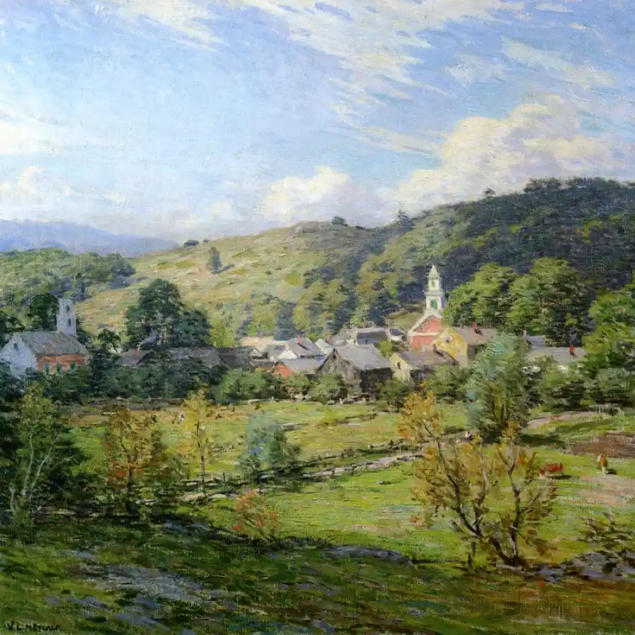 Landschap van een New England dorp tijdens een serene ochtend.