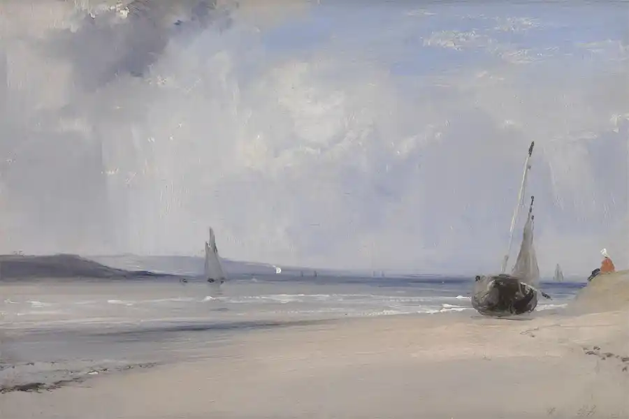 Kustlandschap met zachte kleuren en een dreigende lucht.