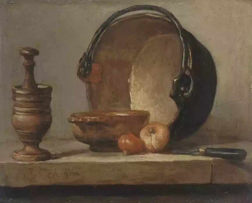 Stilleven met mortier, kom, koperen ketel, uien en een mes.
