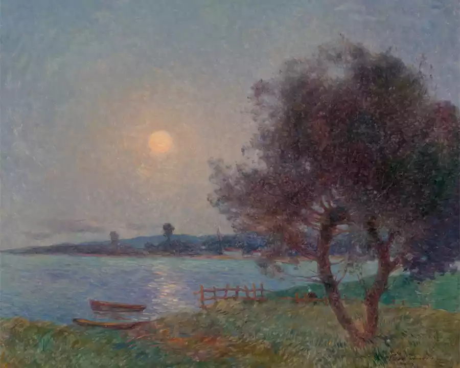 A tranquil moonlit river scene by Ferdinand du Puigaudeau.