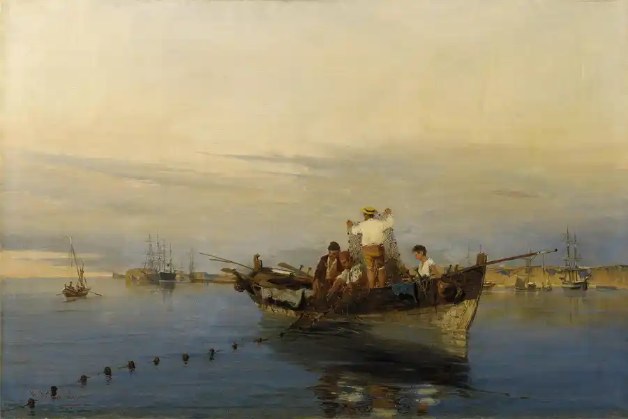 Painting of a rustic boat on calm waters with figures.
