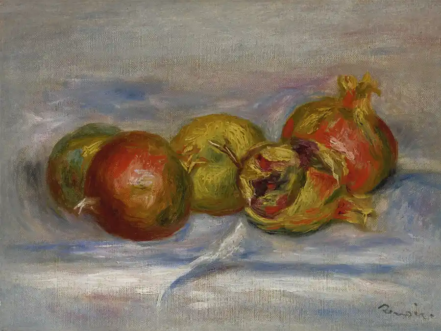 Still life painting of three pomegranates and two apples.