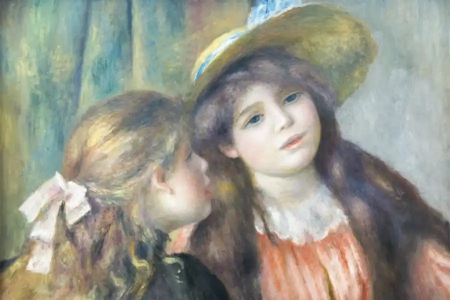 Two young girls in a serene impressionistic scene.